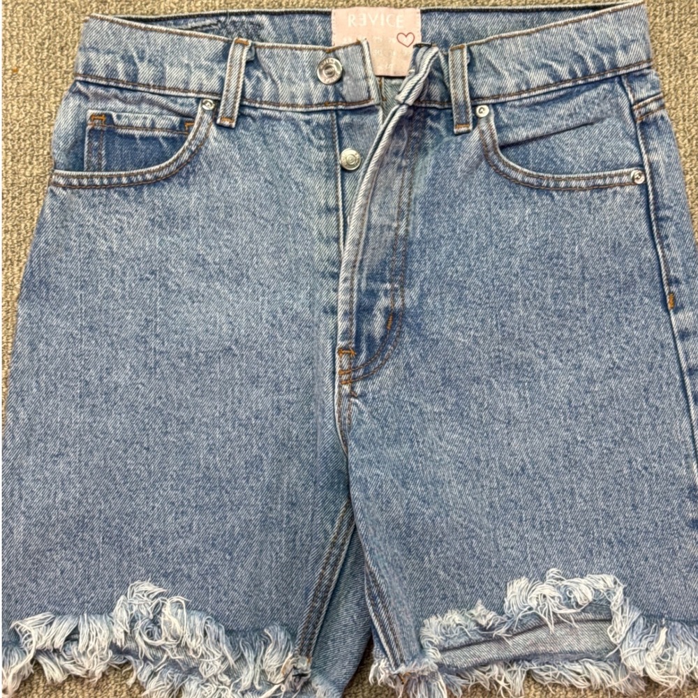 Revice Denim High Rise Button Fly Raw Hem Distressed Shorts Size 27 Light Wash
